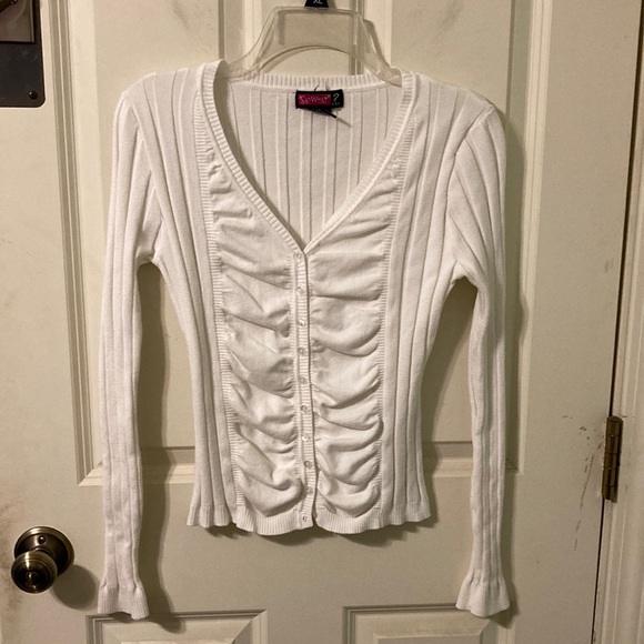 Say What? White Ruched Ribbed Cardigan Sweater with Stretch Juniors XL - Picture 1 of 9